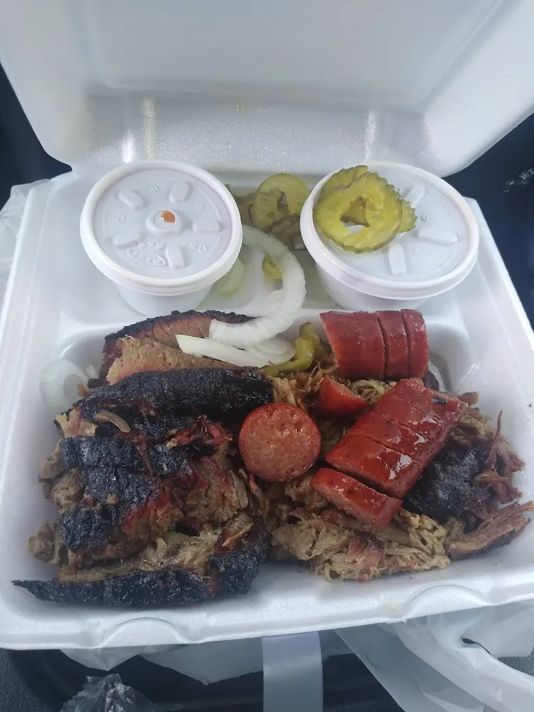 2 Meat Plate Brisket and Pulled Pork with a Spicy Sausage